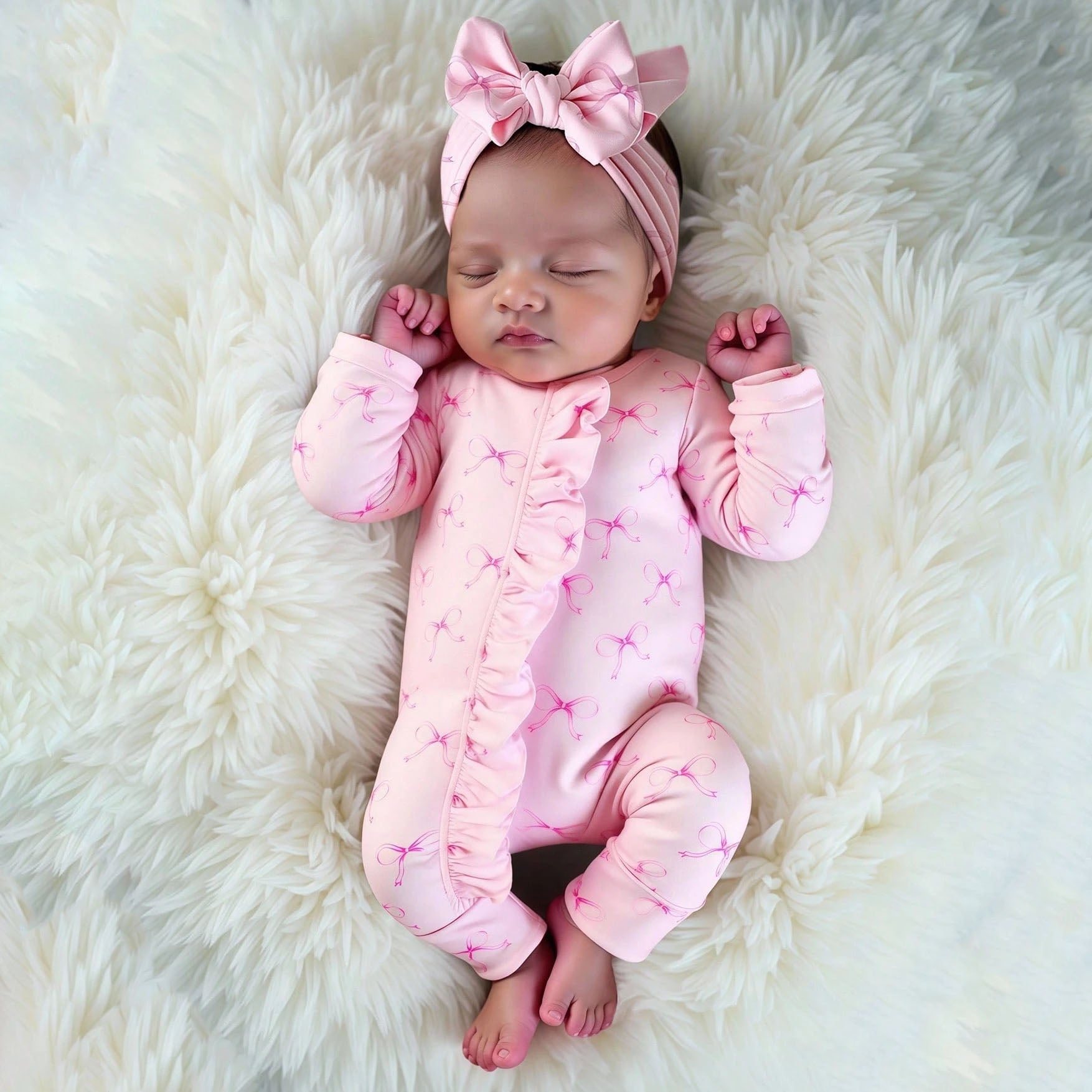 2PCS Sweet Bow Print Ruffle Long Sleeve Baby Jumpsuit