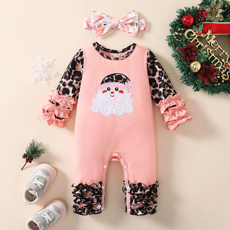 2PCS Christmas Santa Claus Embroidered Leopard Print Baby Jumpsuit