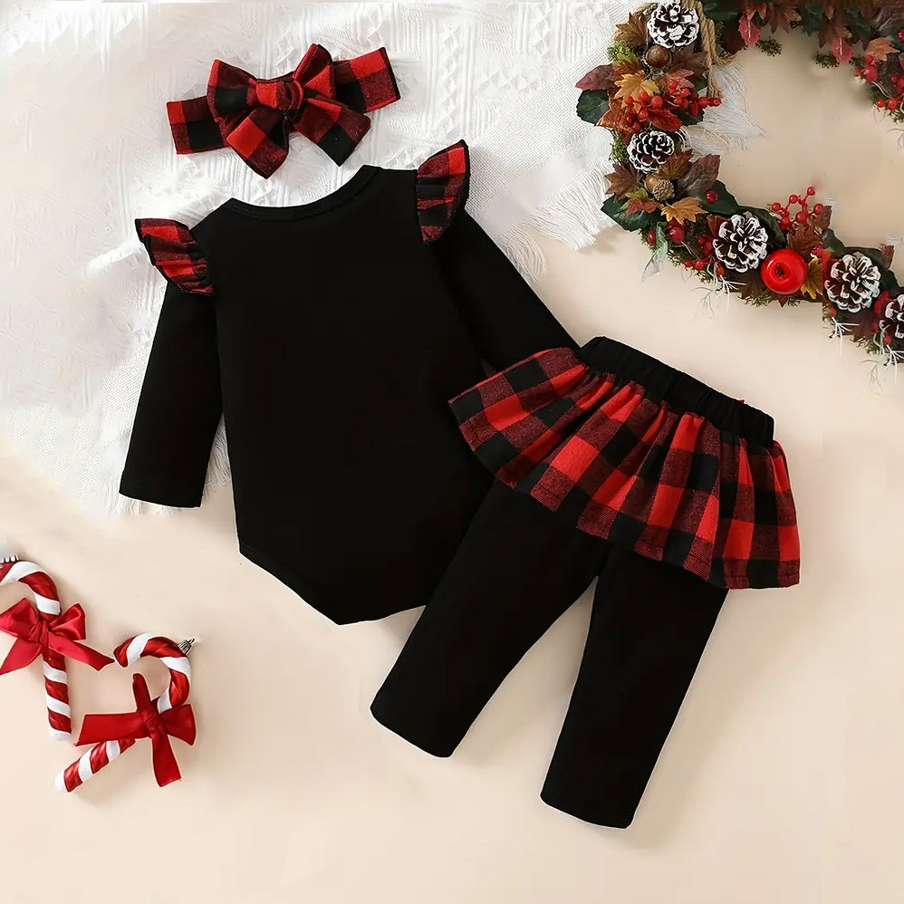 3PCS My First Christmas Fawn Print Ruffle Long Sleeve Baby Set