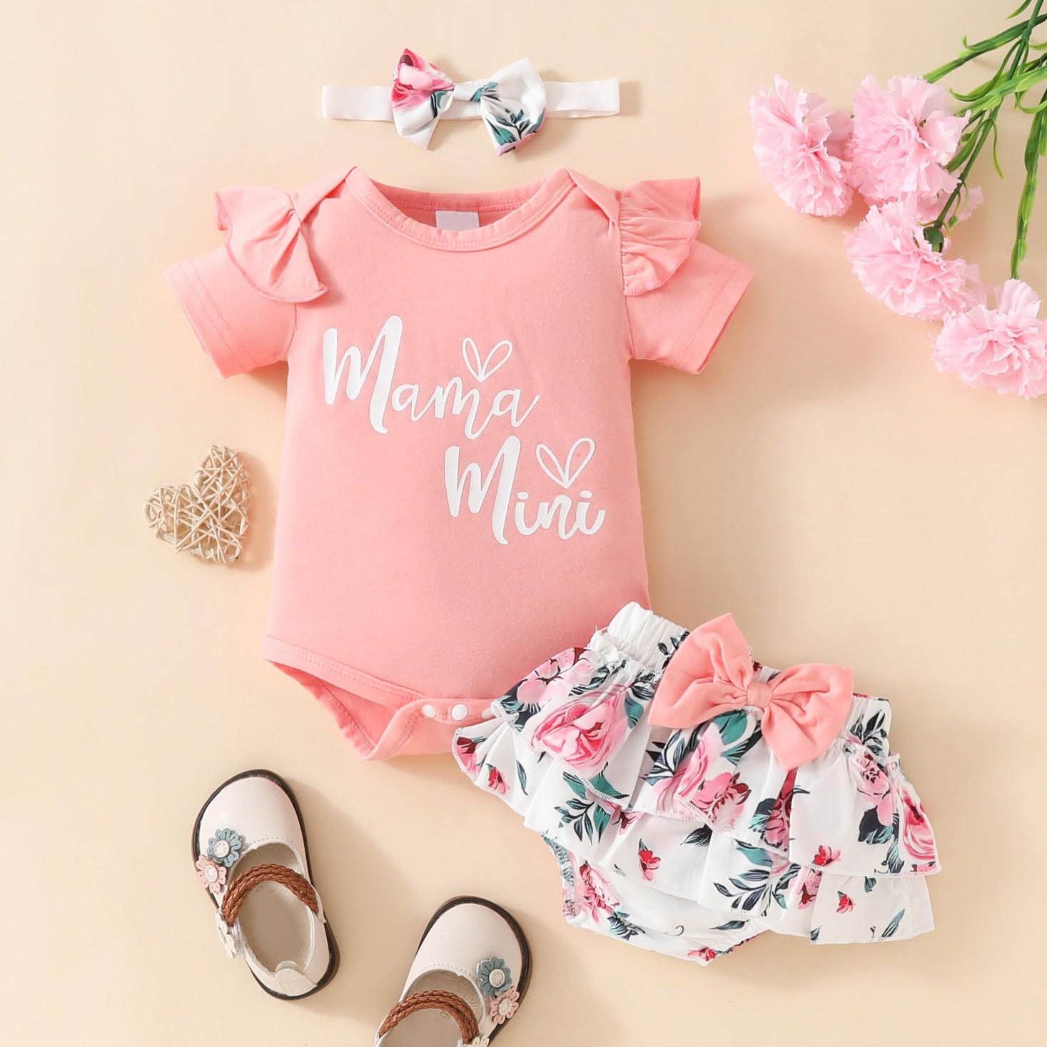 3PCS Elegant Mama's Mini Letter Floral Printed Baby Girl Set