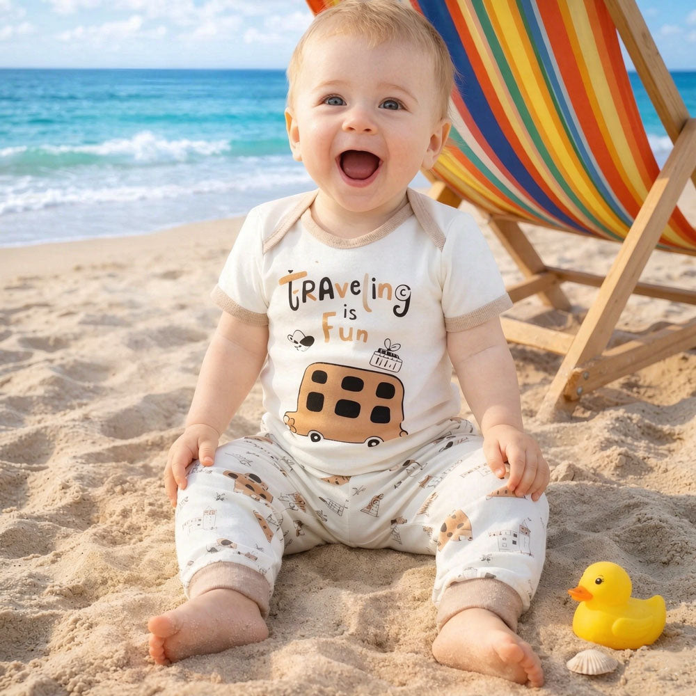 2PCS Funny Letter and Cartoon Travel-Themed Print Baby Set