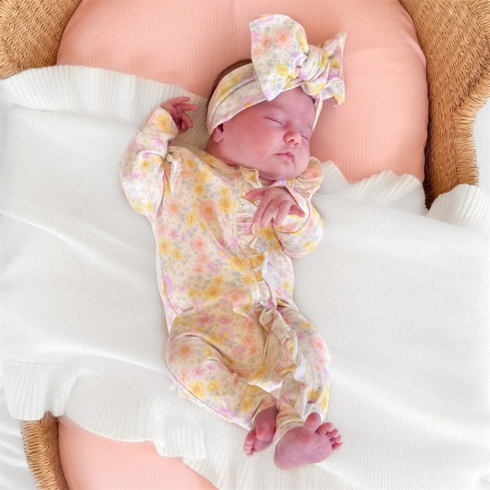 Allover Floral Print Frill Long Sleeve Baby Jumpsuit