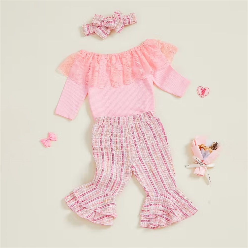 3PCS Soft Plaid Print Lace Trim Long Sleeve Baby Set