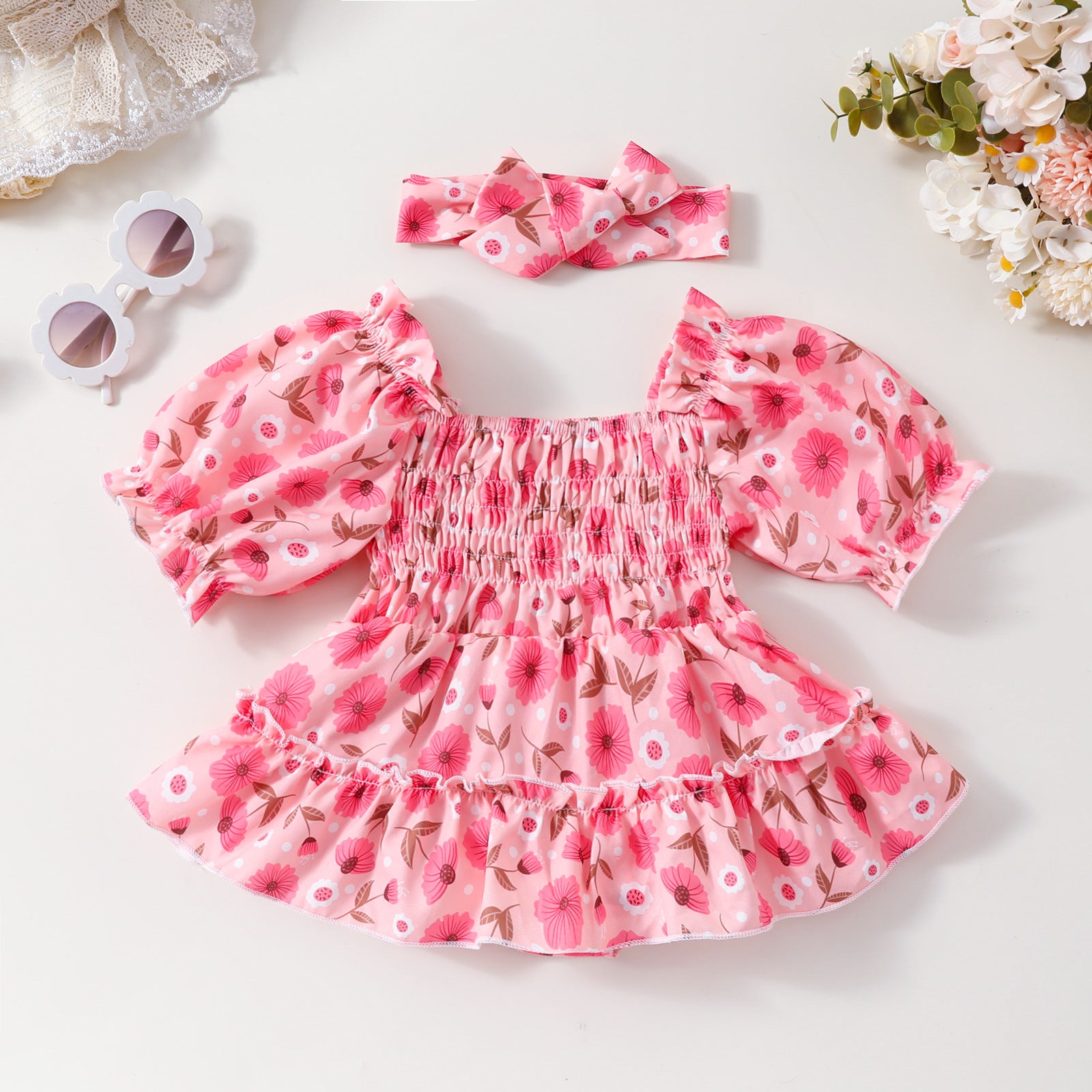 2PCS Pretty All Over Floral Printed Short Sleeve Baby Romper