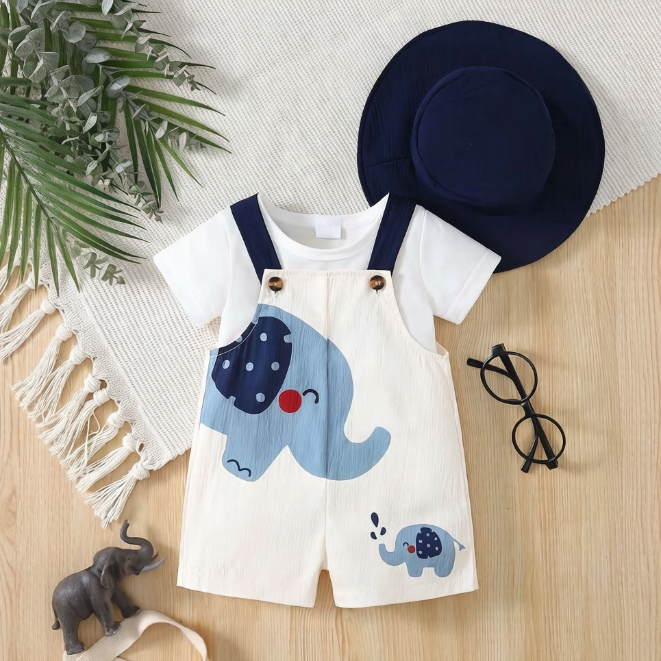 3PCS Cute Elephant Print Short Sleeve Baby Boy Set