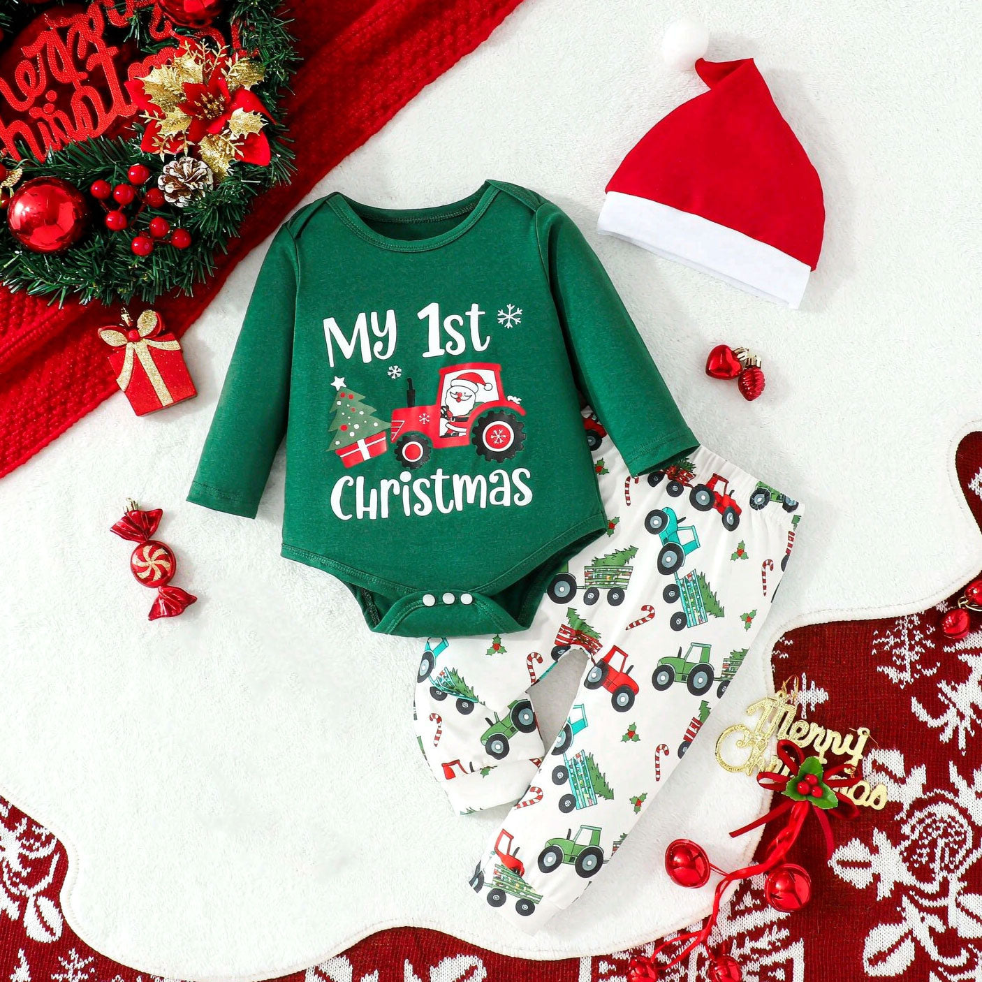 3PCS My 1st Christmas Letter Tractor and Tree Printed Baby Set