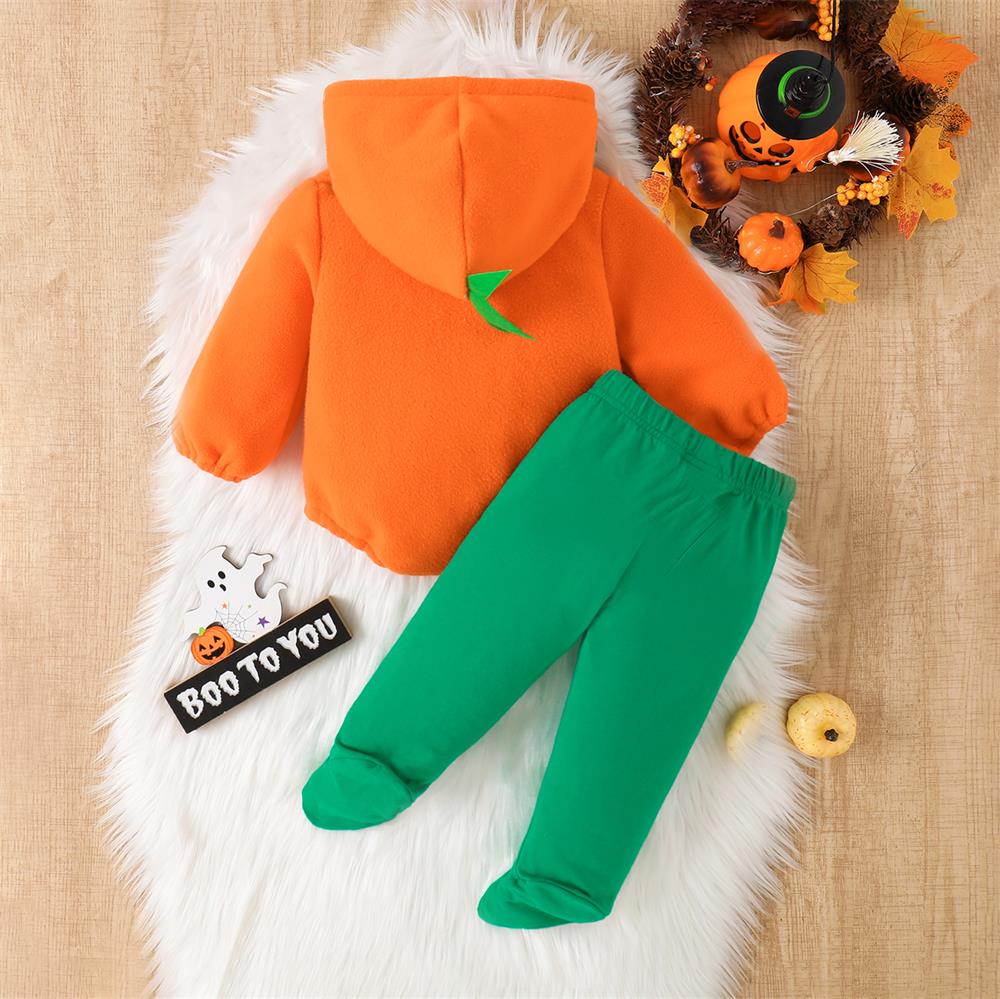 2PCS Pumpkin Printed Long Sleeve Hooded Baby Set