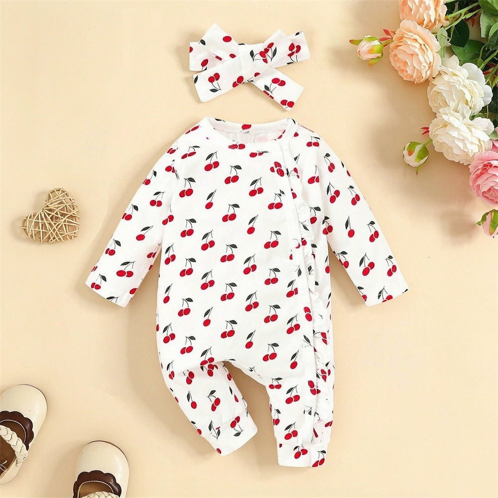2PCS Delightful Cherry Printed Long Sleeve Baby Jumpsuit