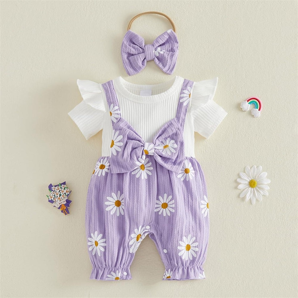2PCS Casual Daisy Printed Bow Short Sleeve Baby Jumpsuit