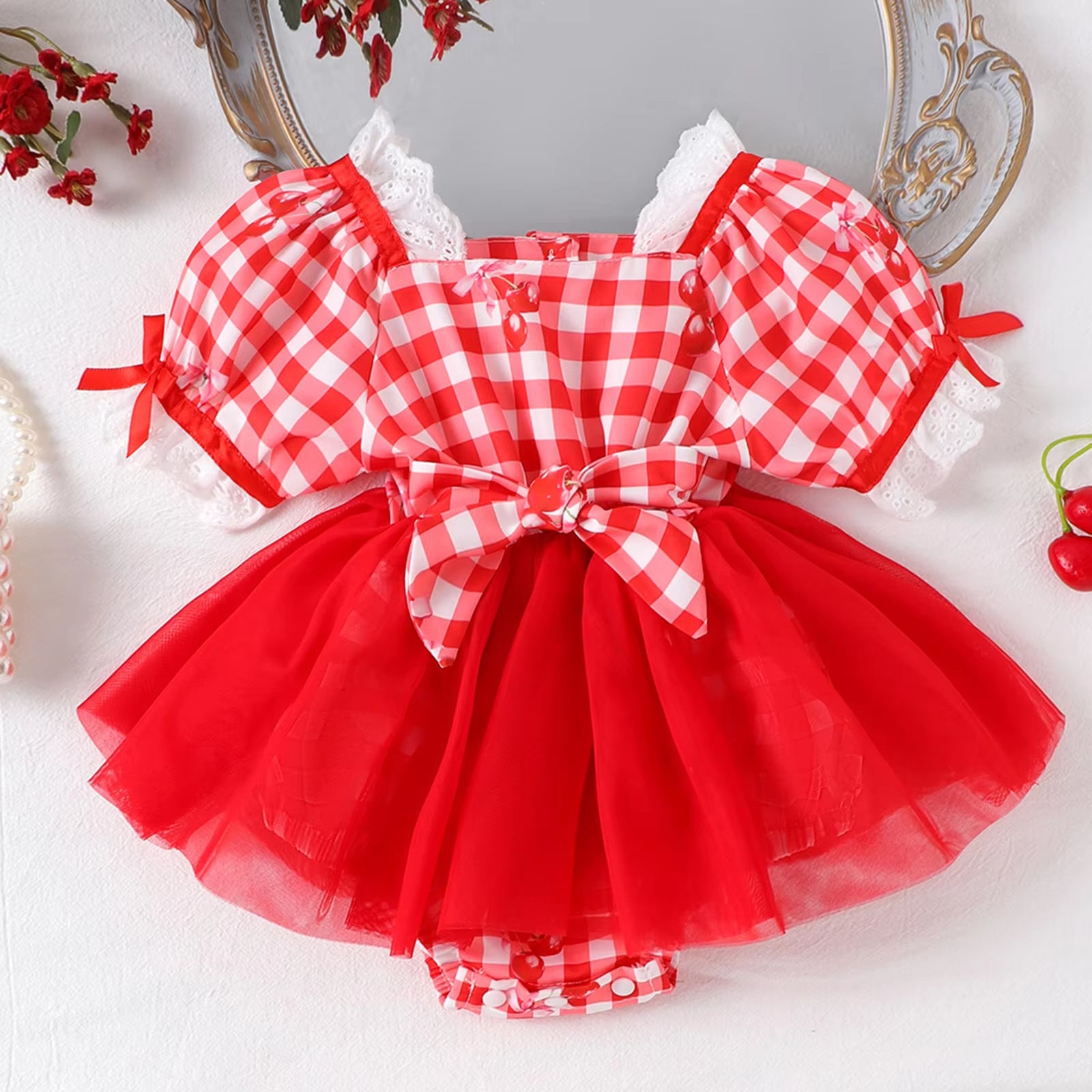 Trendy Plaid Print Tulle Short Sleeve Baby Girl Romper