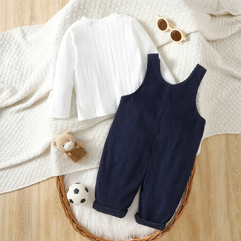 2PCS Cozy Bear Applique Long Sleeve Corduroy Baby Boy Overalls Set