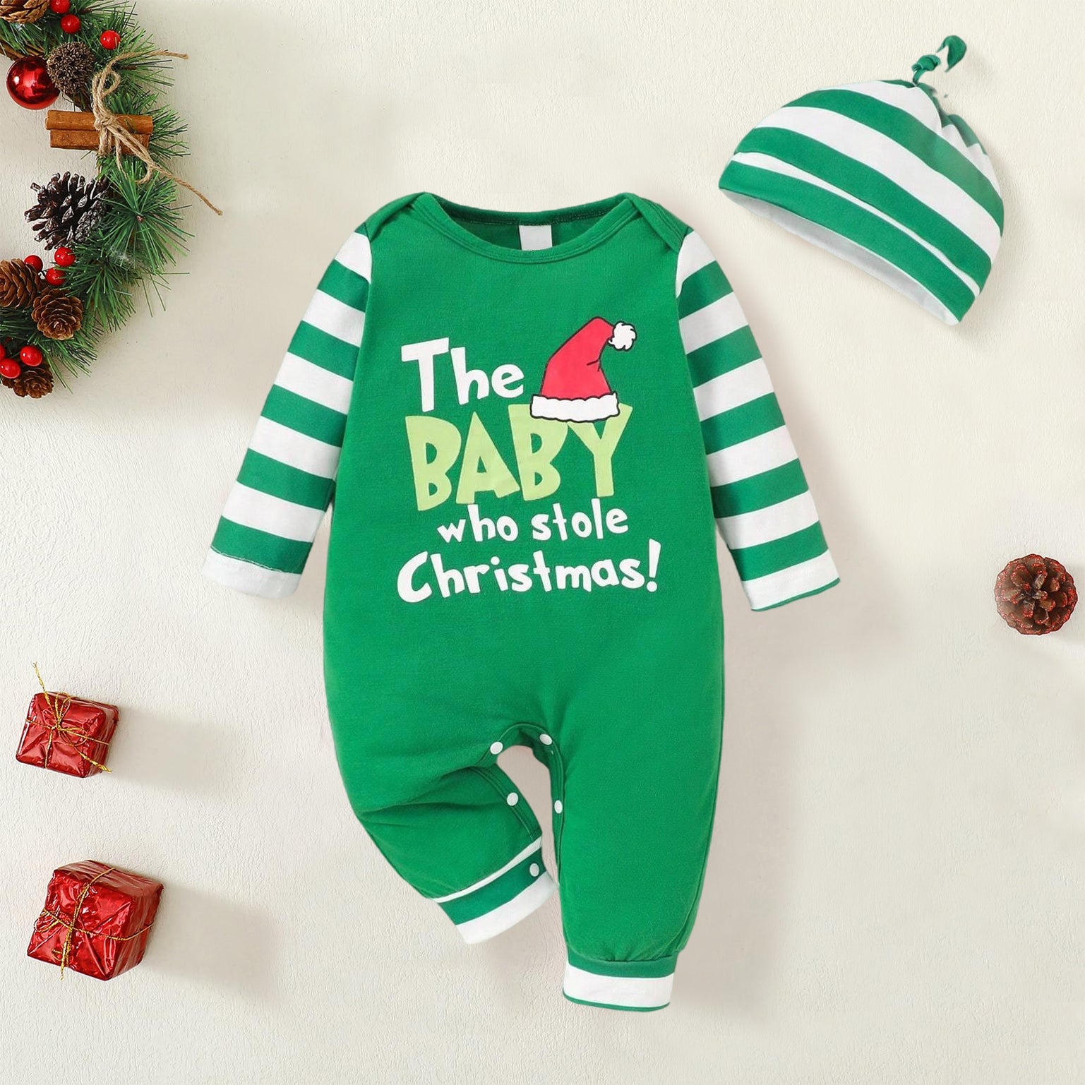 2PCS The Baby Who Stole Christmas Letter Printed Baby Jumpsuit