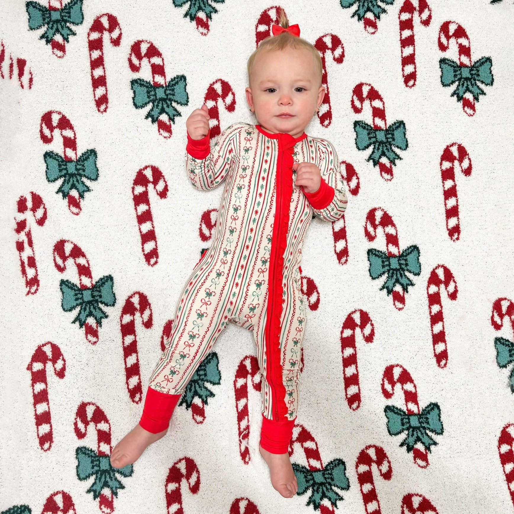 Christmas Tree Branches Bow Printed Ruffles Zipper Baby Jumpsuit