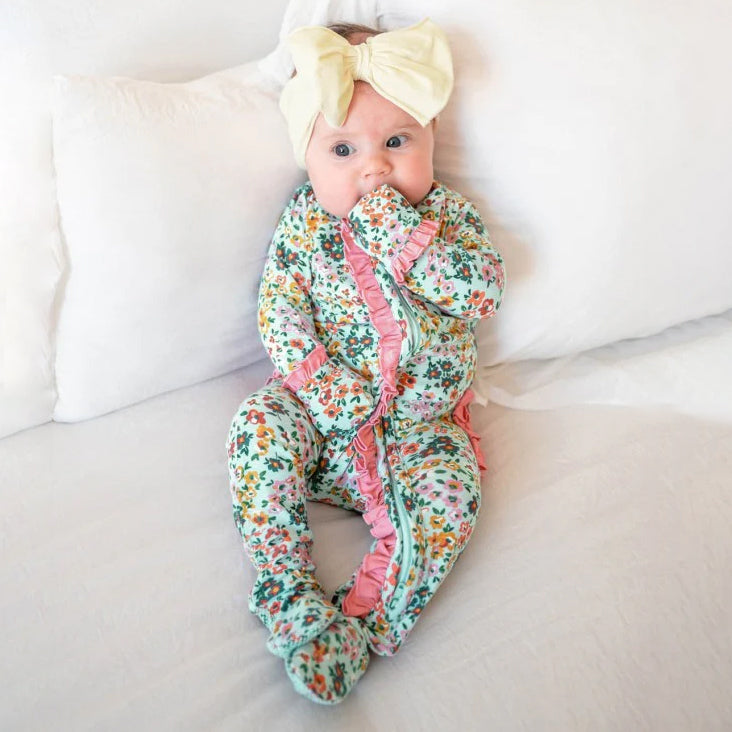 Stylish Floral Printed Long Sleeve Ruffle Zipper Baby Jumpsuit
