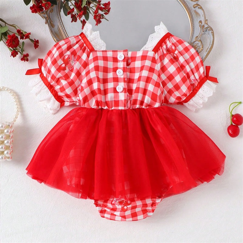 Cute Plaid Printed Short Sleeve Baby Mesh Romper