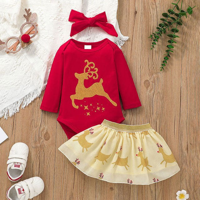 3PCS Christmas Reindeer Print Long Sleeve Baby Set