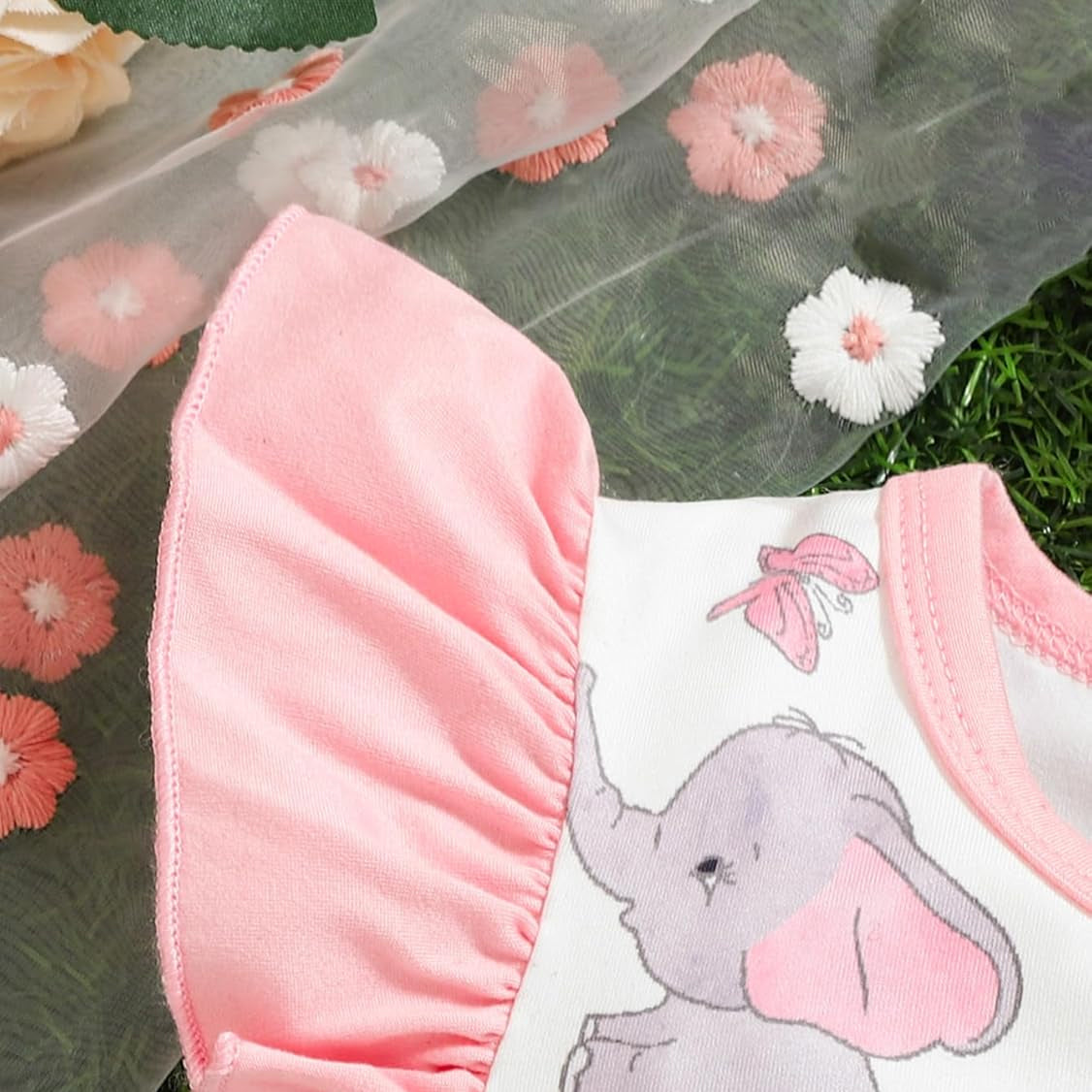 2PCS Cute Elephant Printed Flounce Sleeve Baby Jumpsuit