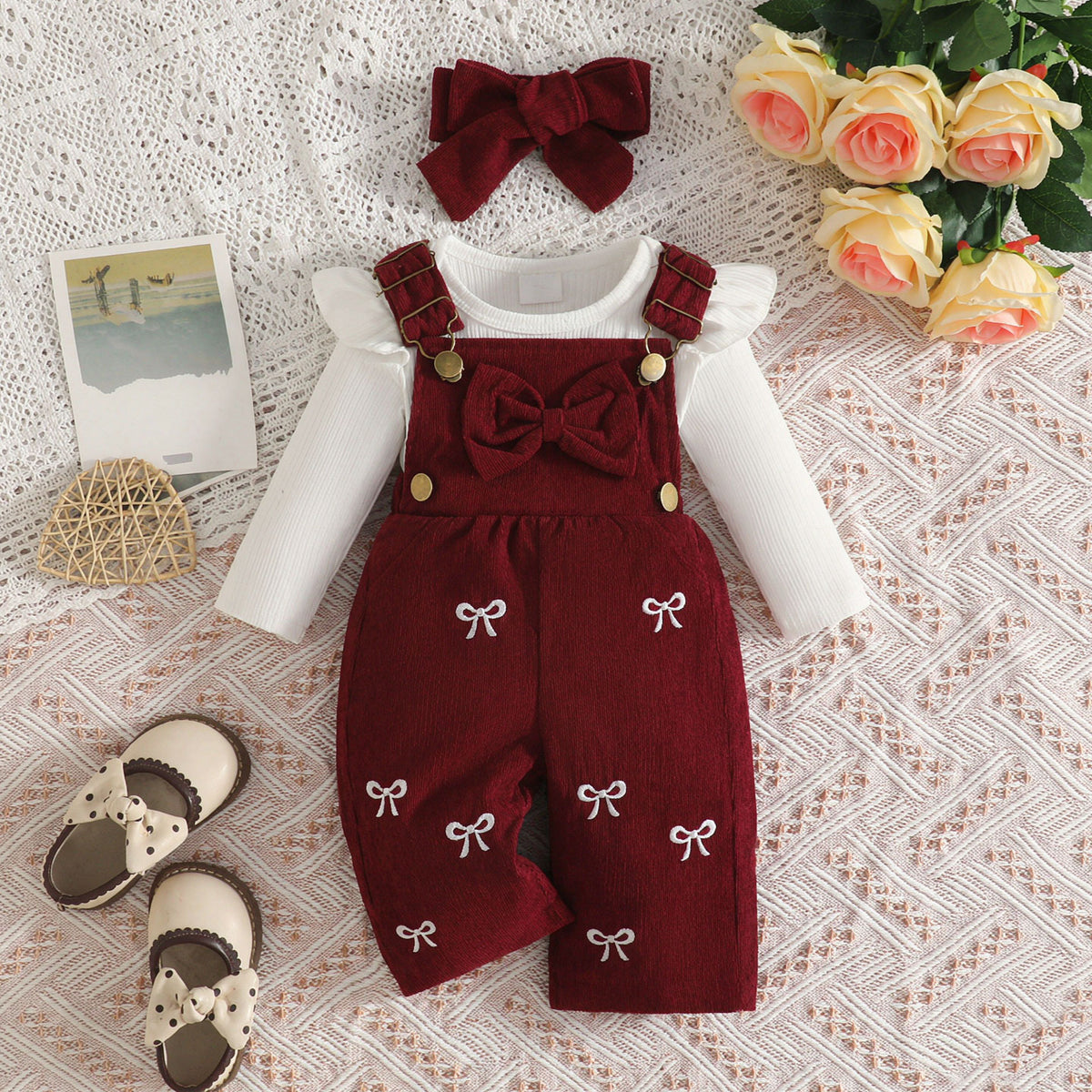 3PCS Grace Bow Embroidery Long Sleeve Baby Overalls Set