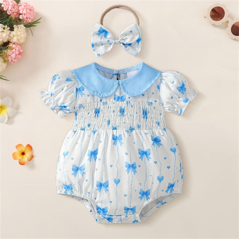 2PCS Cute Bow Printed Polo Collar Short Sleeve Baby Romper