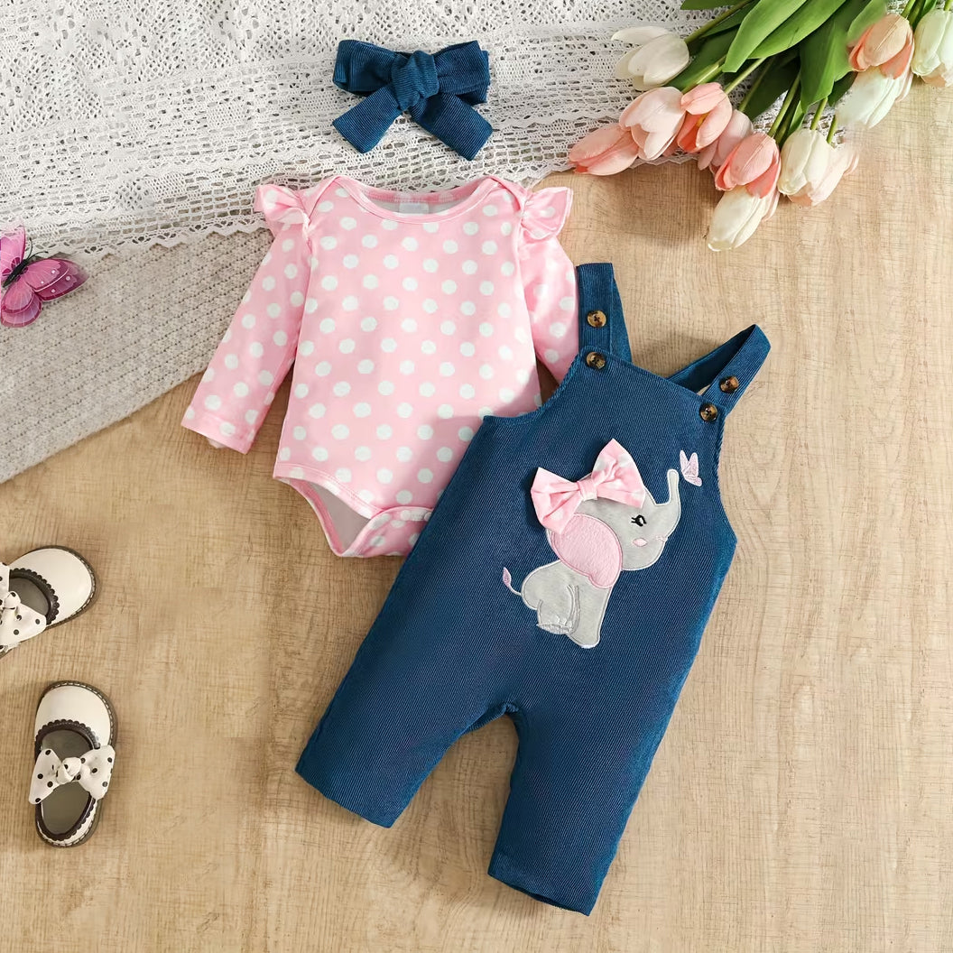 3PCS Cute Elephant Polka Dots Printed Baby Set
