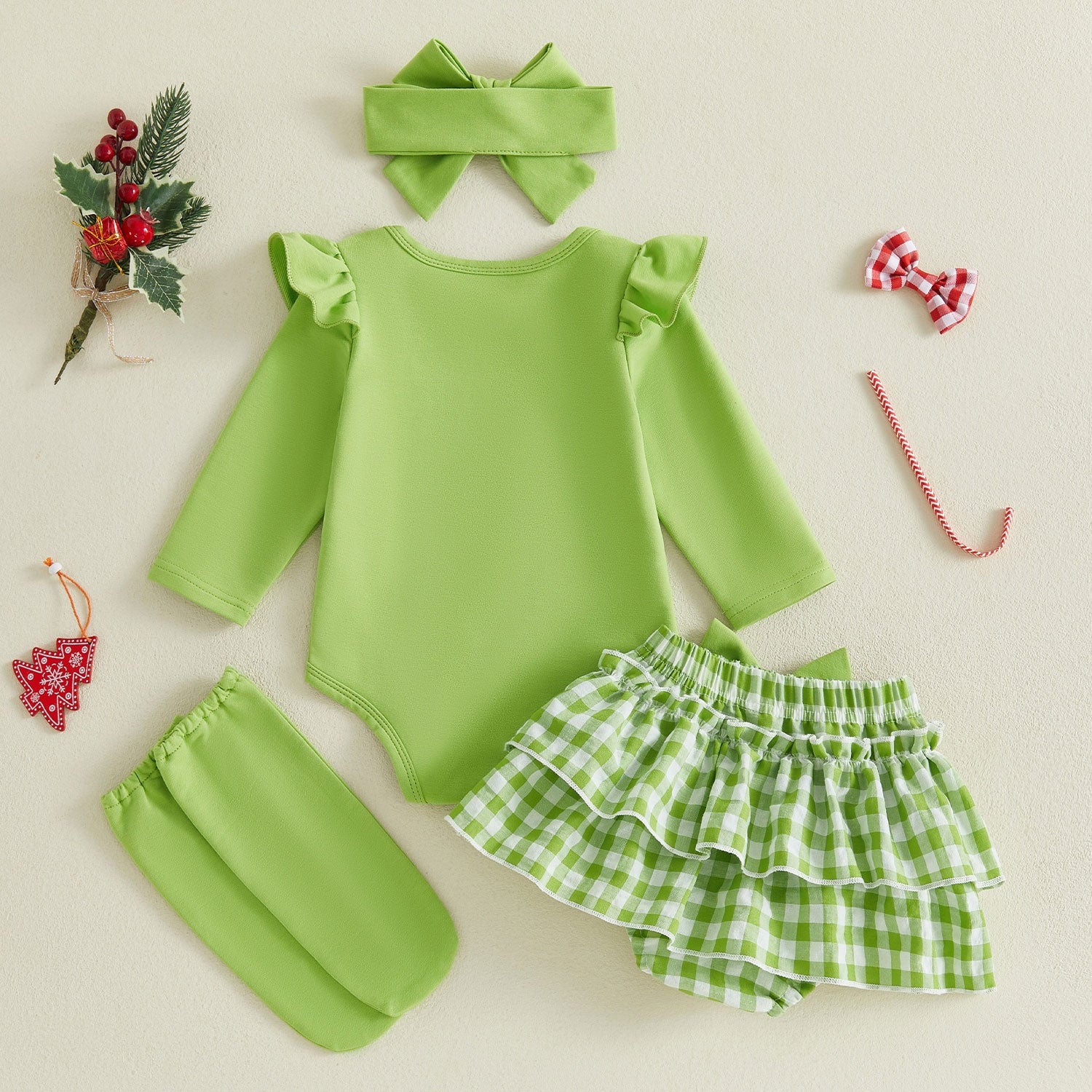 4PCS It's A Beaut Clark Letter Plaid Printed Long Sleeve Christmas Baby Set