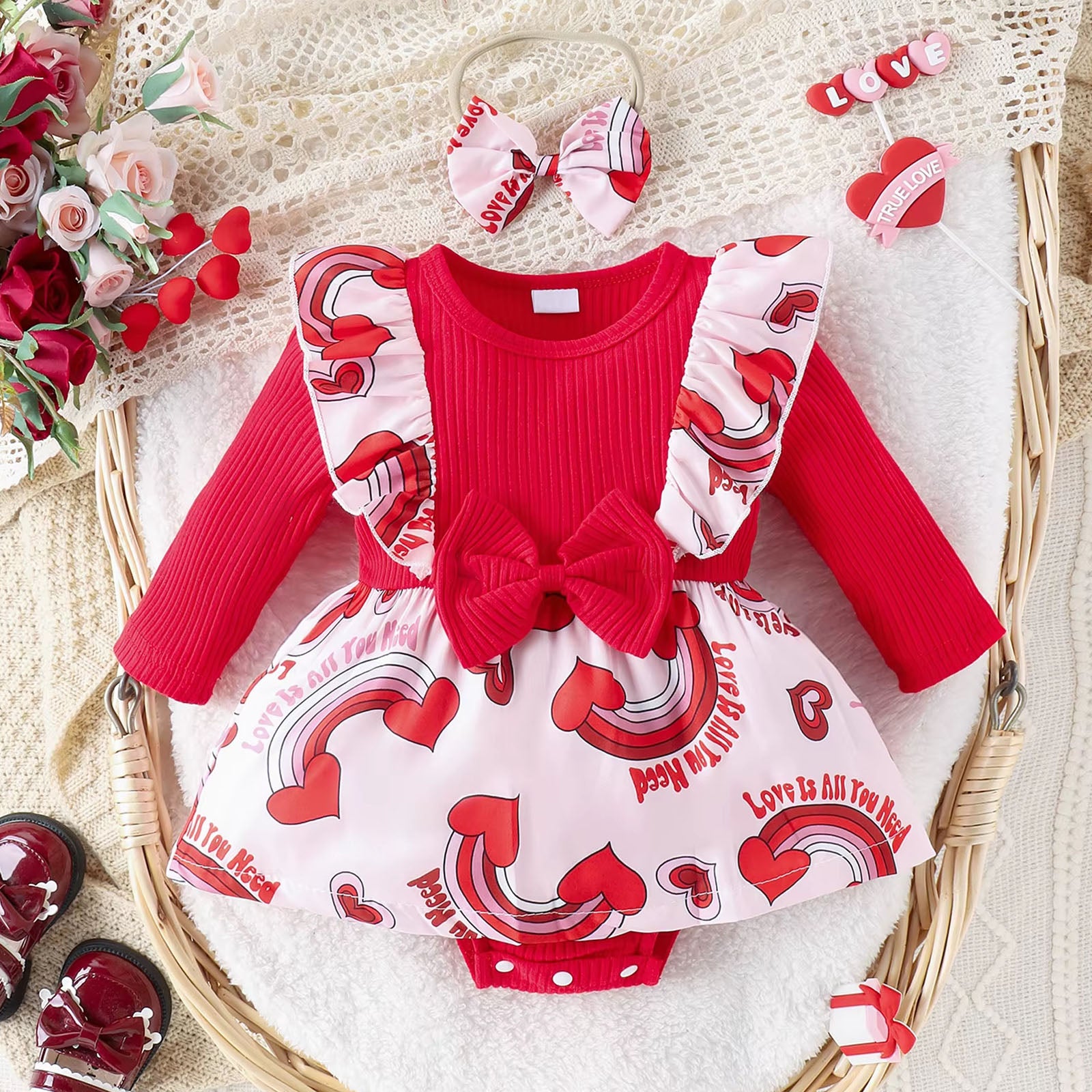 2PCS Rainbow Heart Print Long Sleeve Baby Romper