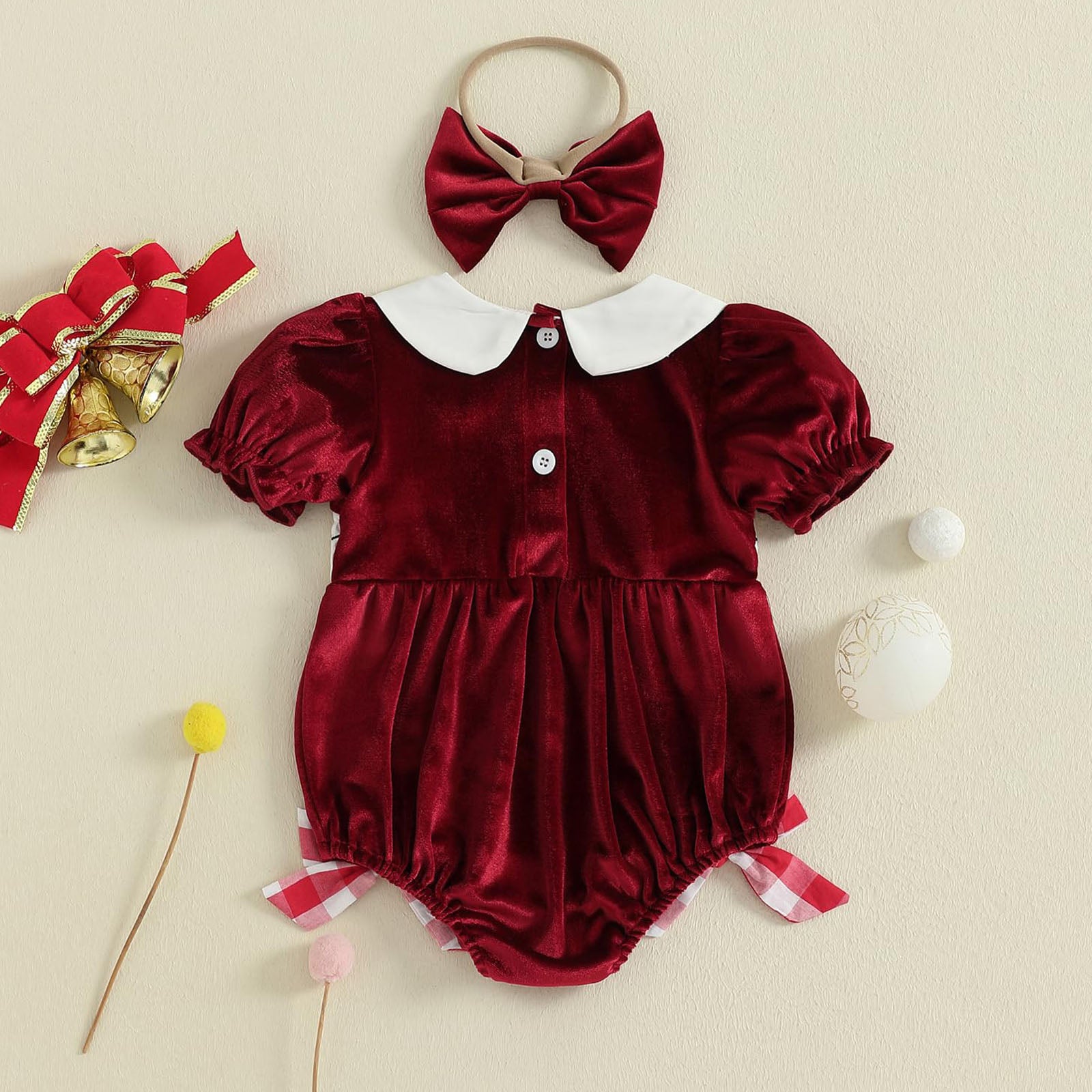 2PCS Christmas Plaid Printed Solid Color Velvet Baby Romper