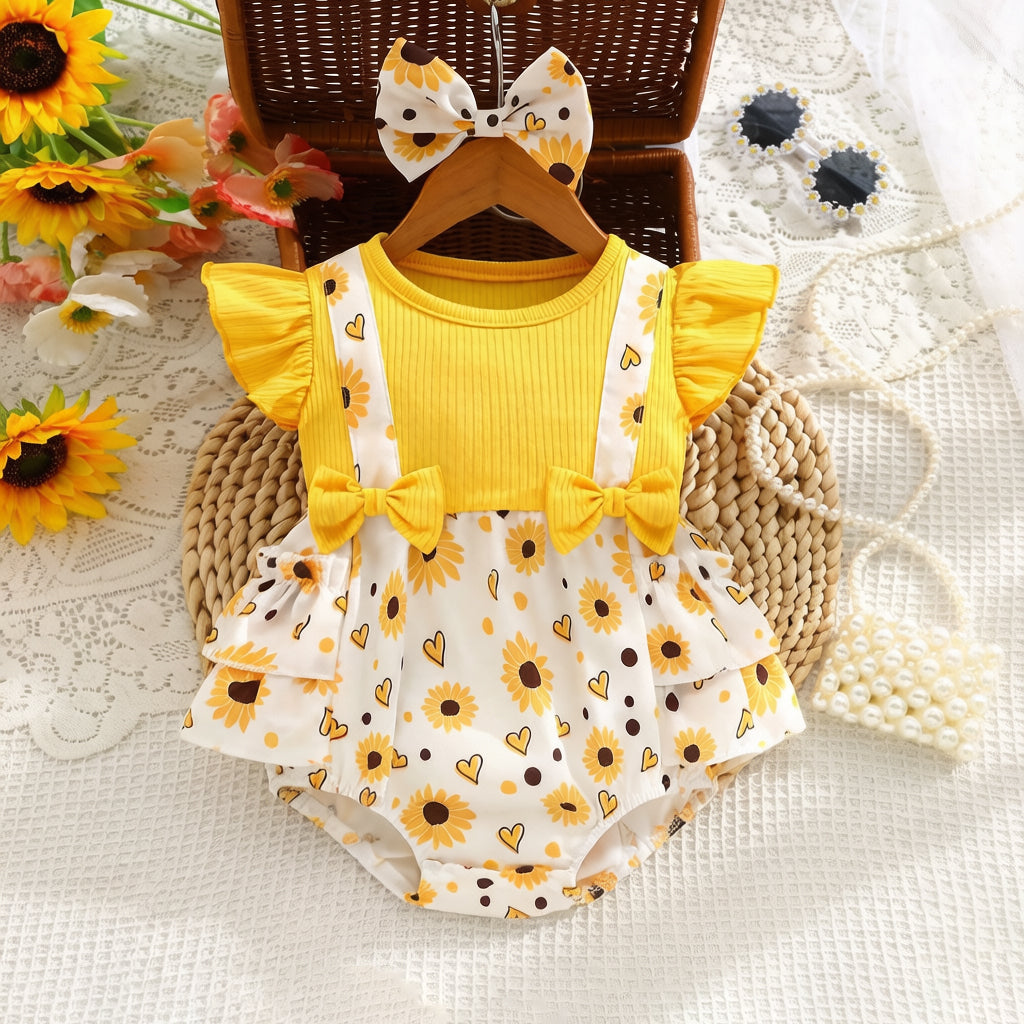 2PCS Cute Sunflower Print Flutter Sleeve Baby Romper