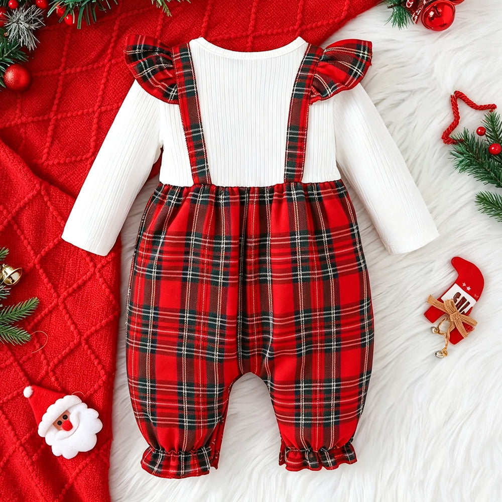 Striking Plaid Print Fake Two Piece Long Sleeve Baby Girl Jumpsuit