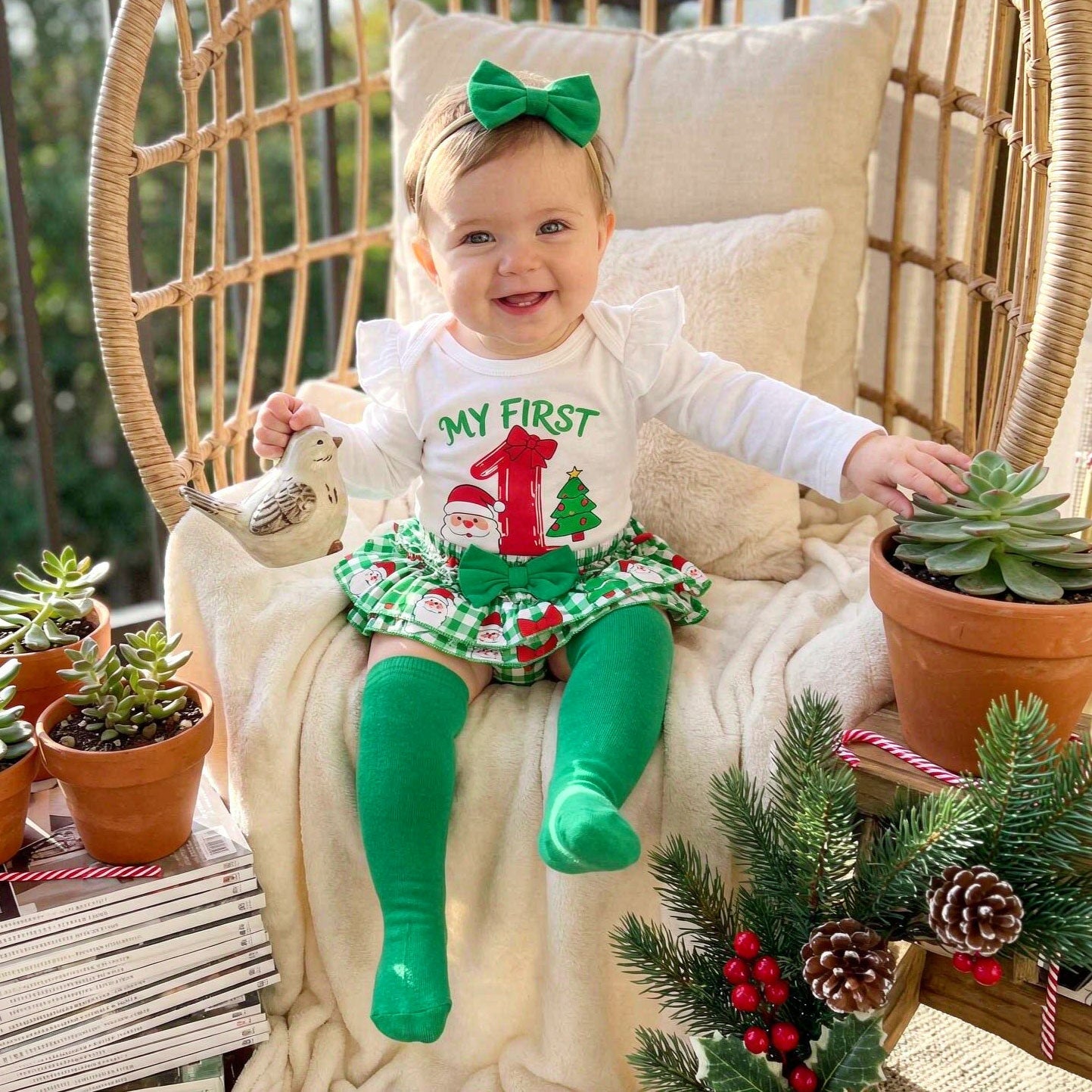 4PCS My First Christmas Letter Plaid Santa Claus Print Baby Set