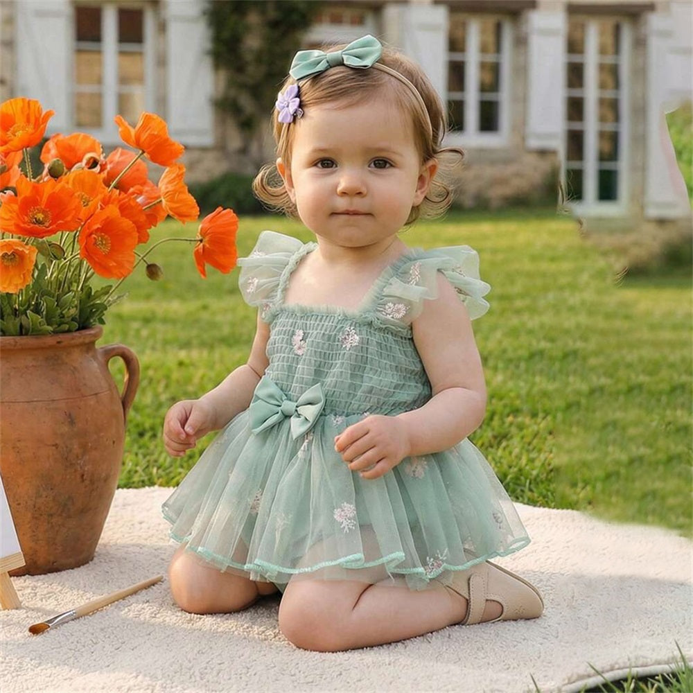 2PCS Summer Floral Embroidery Flounce Sleeve Baby Romper
