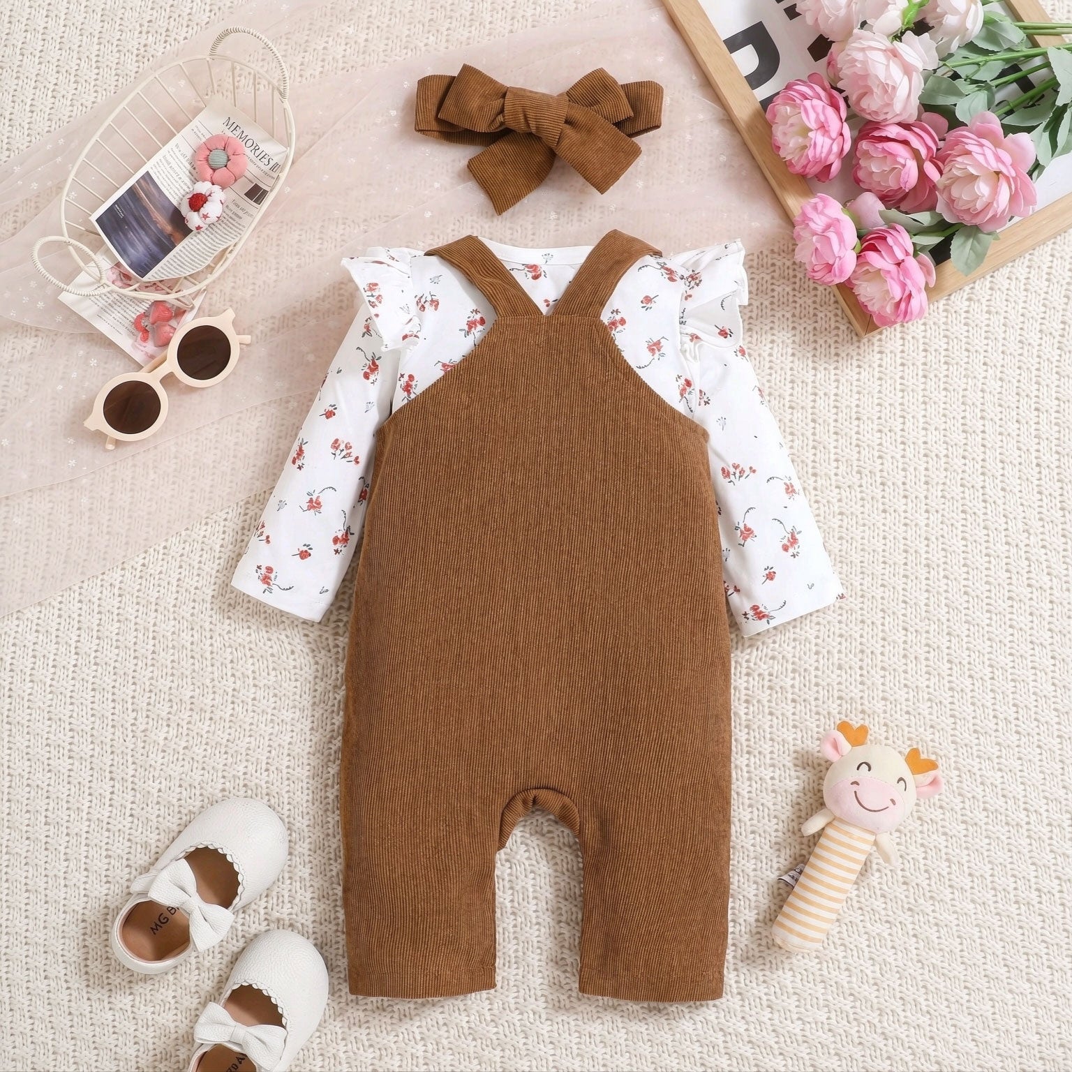 3PCS Lovely Embroidered Cat and Floral Printed Overalls Baby Girl Set