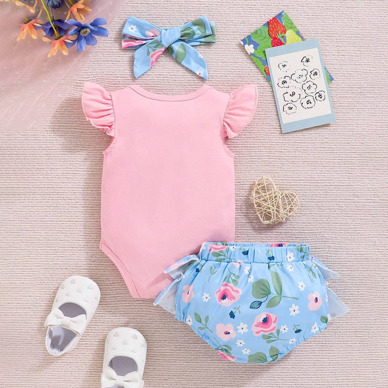 3PCS Hello Summer Letter Floral Printed Sleeveless Baby Set