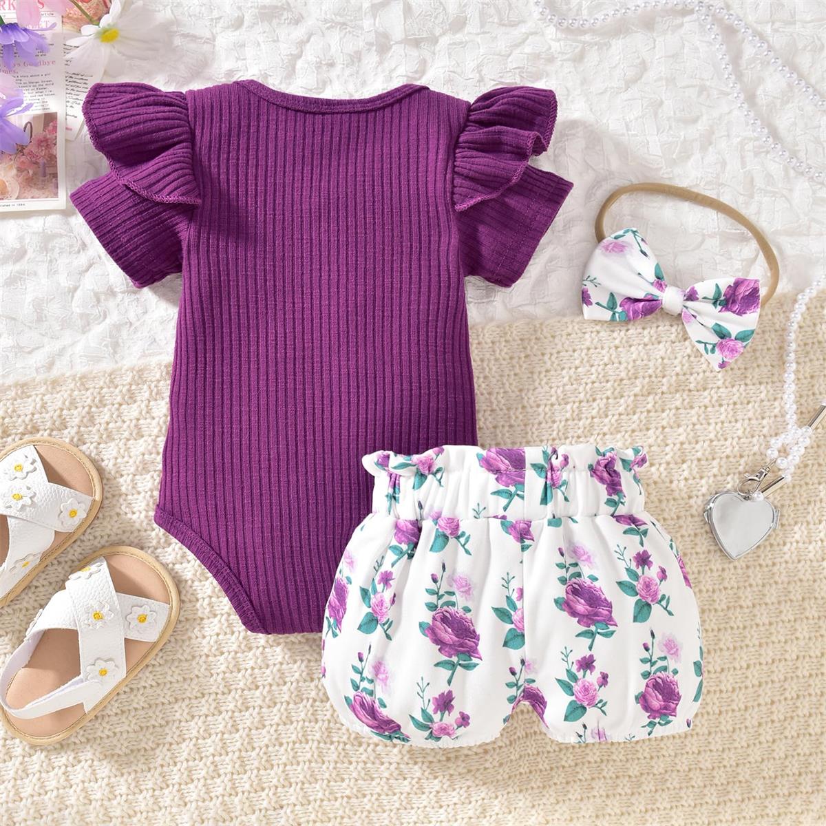 3PCS Trendy Floral Printed Short Sleeve Baby Set