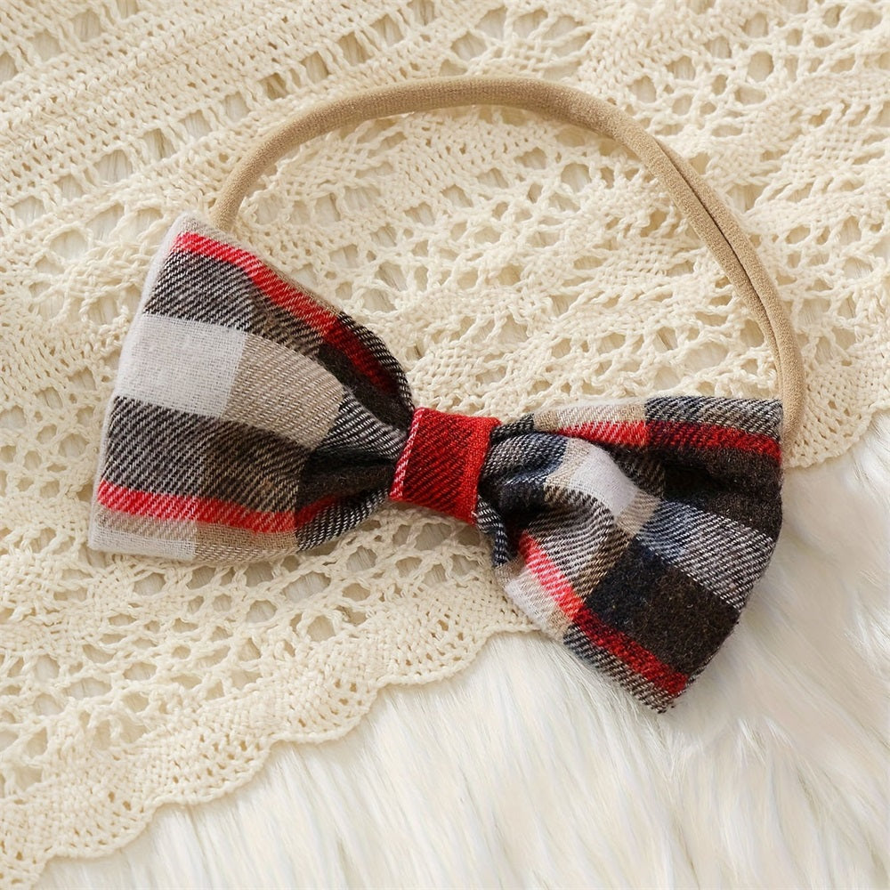 2PCS Casual Plaid Print Bow Decoration Long Sleeve Baby Romper