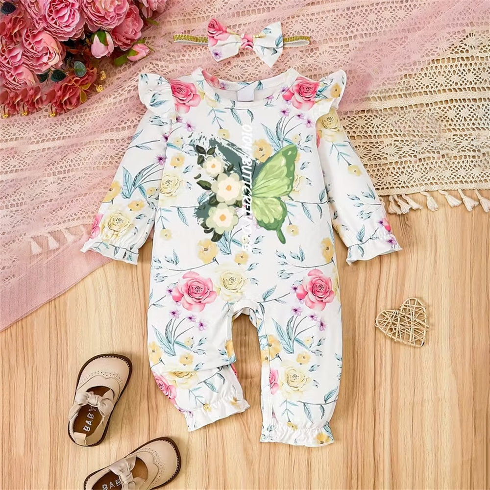 2PCS Floral and Butterfly Print Long Sleeve Baby Jumpsuit