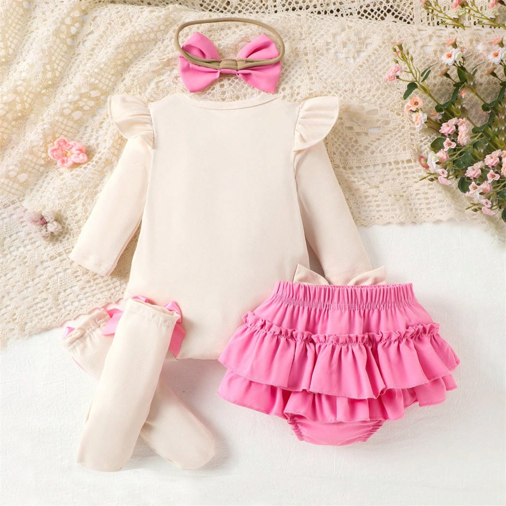 4PCS Cute 3D Floral Embroidery Print Long Sleeve Baby Set