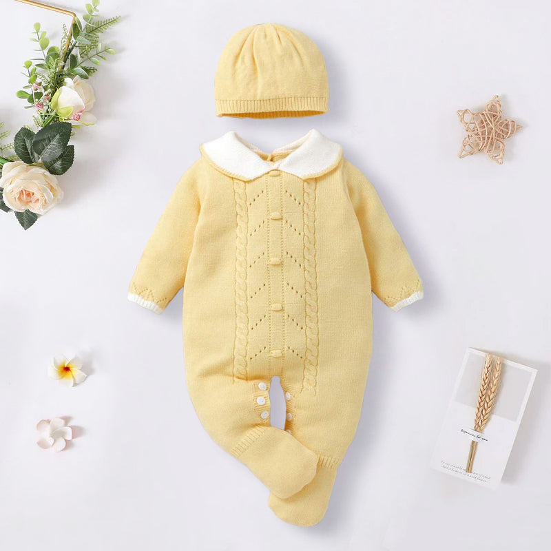 2PCS Retro Style Knitted Solid Color Long Sleeve Baby Jumpsuit