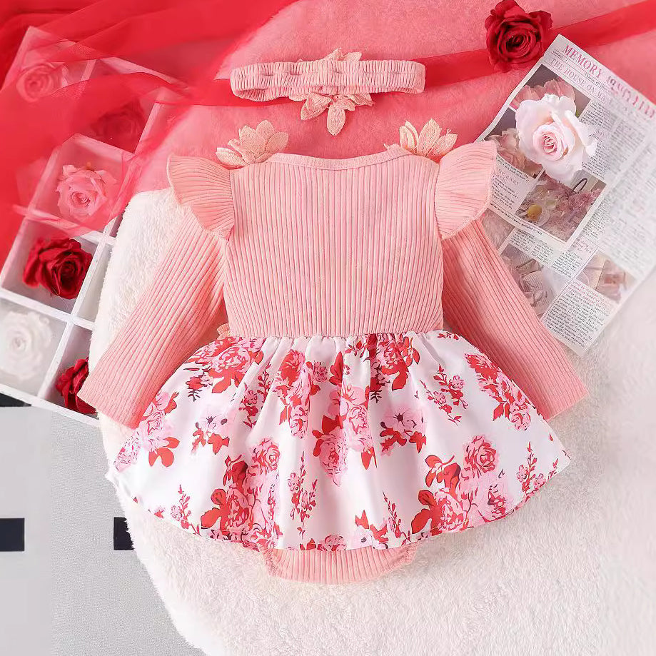 2PCS Sweet Lace Bow Floral Printed Long Sleeve Baby Romper