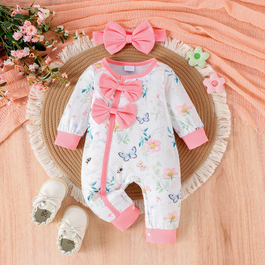 2PCS Butterfly Floral Printed Bow Long Sleeve Baby Jumpsuit