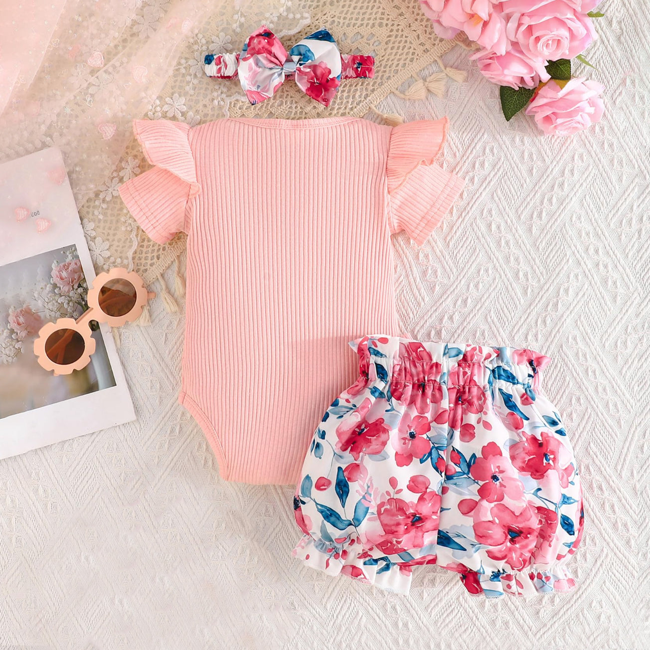 3PCS Casual Floral Printed Bow Short Sleeves Baby Romper Set