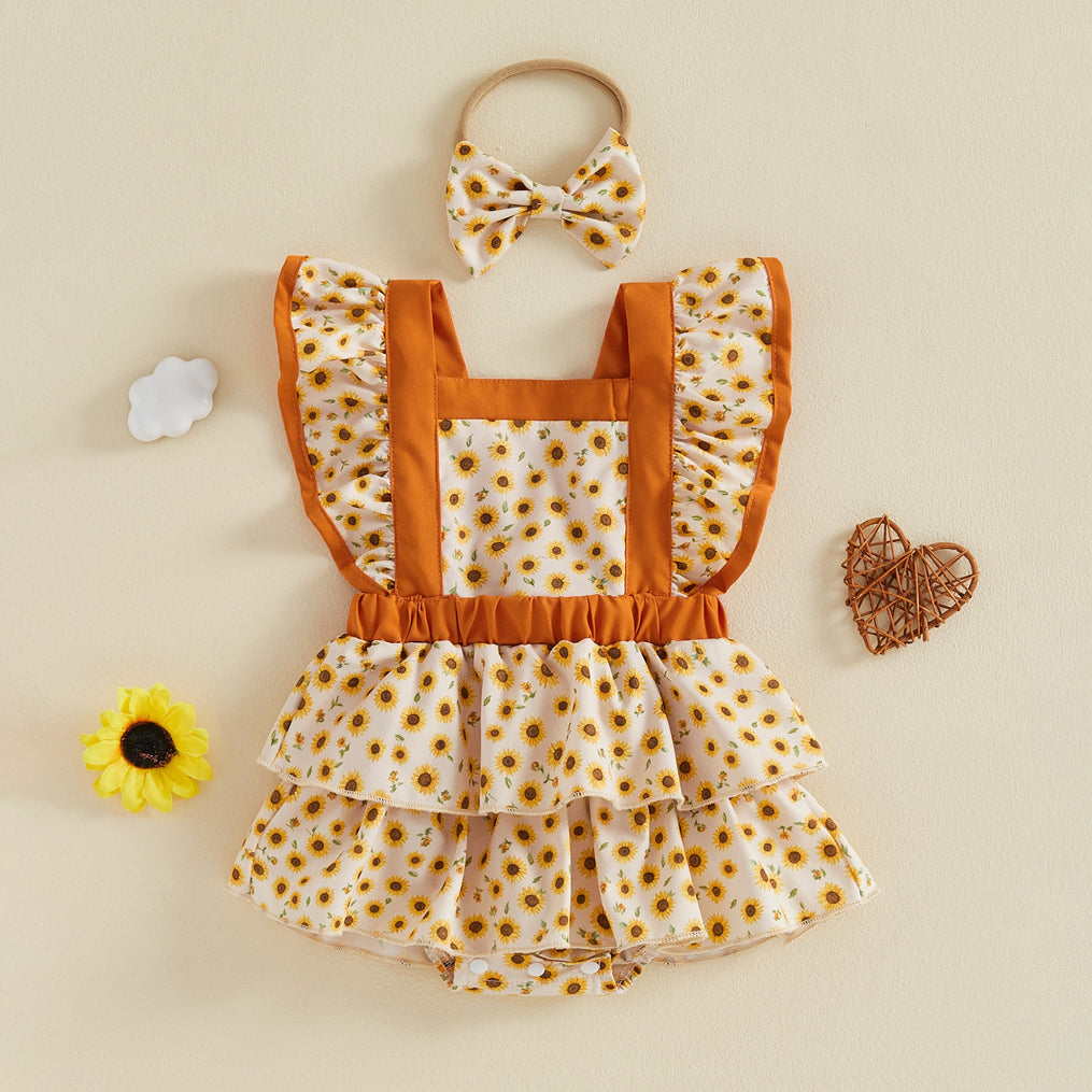 2PCS Playful Sunflower Print Flutter Sleeve Baby Romper