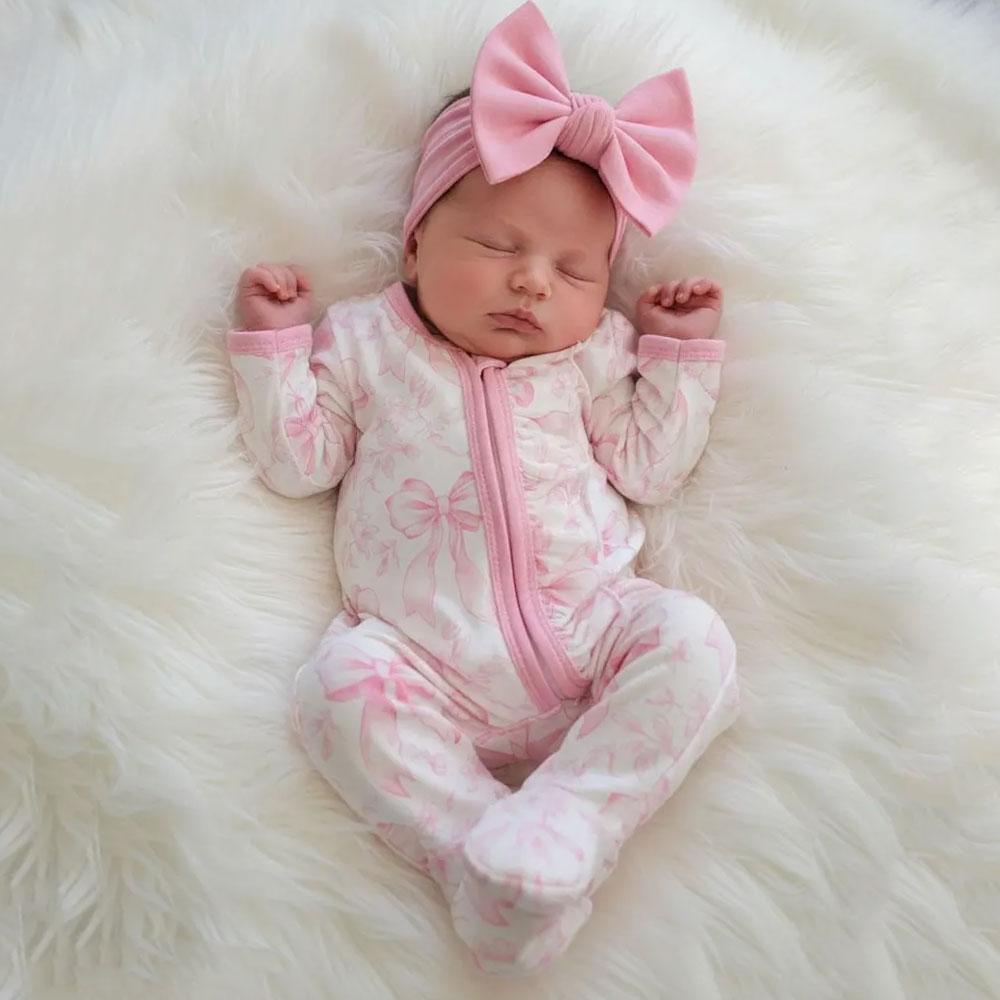 Bubbly Bow Printed Long Sleeve Zipper Baby Girl Jumpsuit