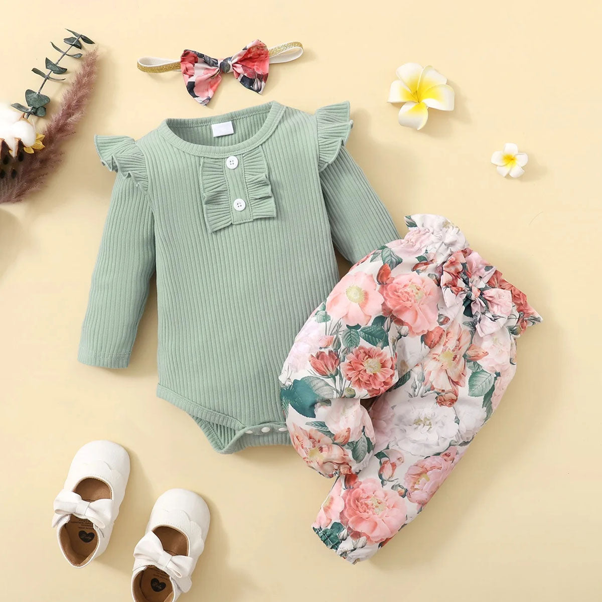 3PCS Chic Floral Printed Long Sleeve Baby Set