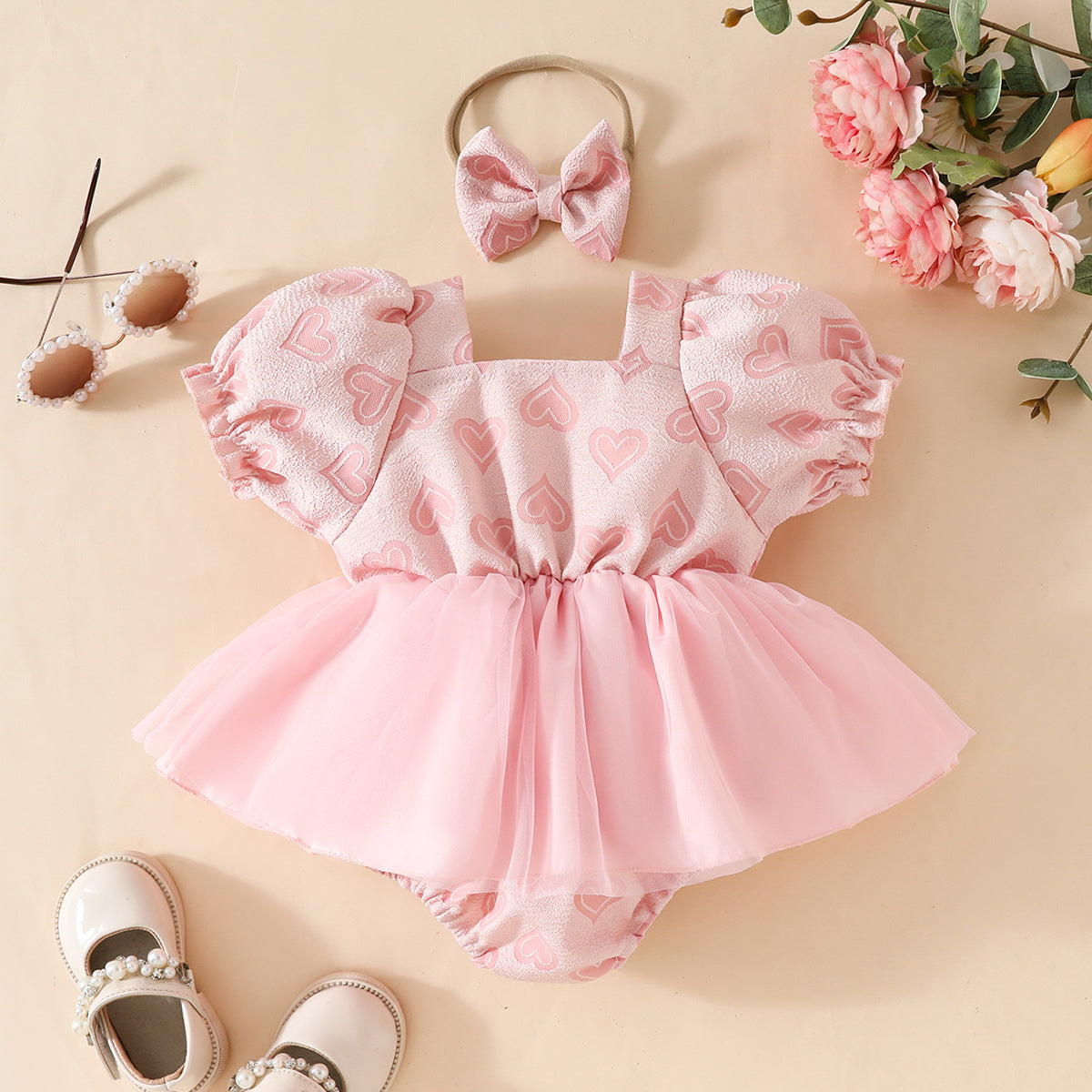 2PCS Pretty Heart Printed Embroidery Baby Romper