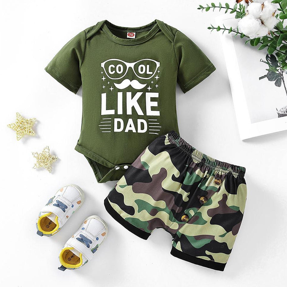 2PCS Cool Like Dad Letter Camo Print Short Sleeve Baby Set