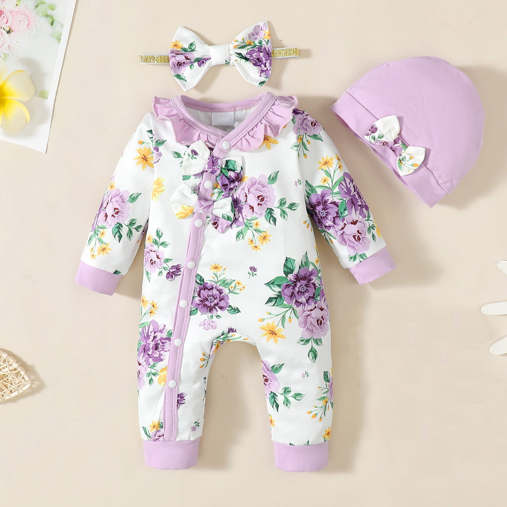 3PCS Floral Printed Ruffle Long Sleeve Baby Jumpsuit