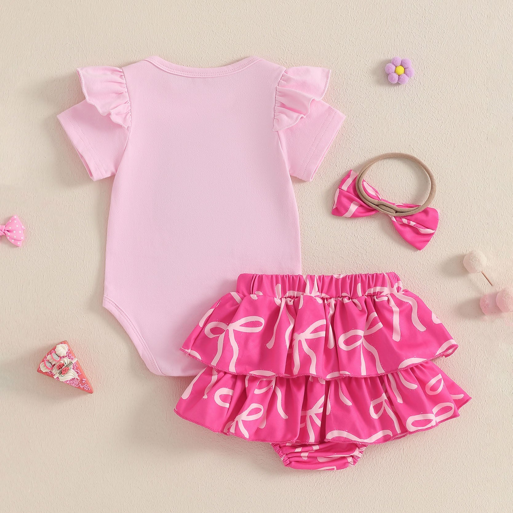 3PCS Cute Bow Printed Short Sleeve Baby Set
