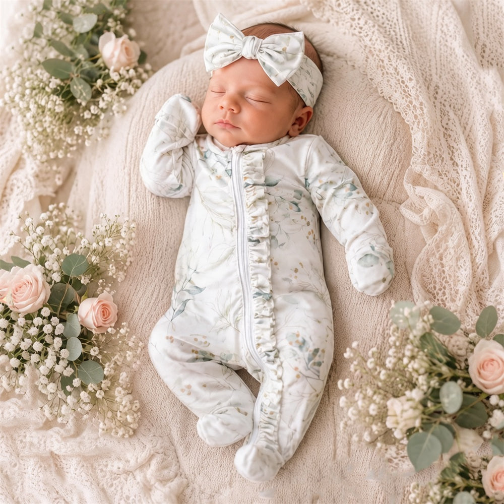 2PCS Refined Floral Printed Ruffle Decor Zipper Baby Jumpsuit