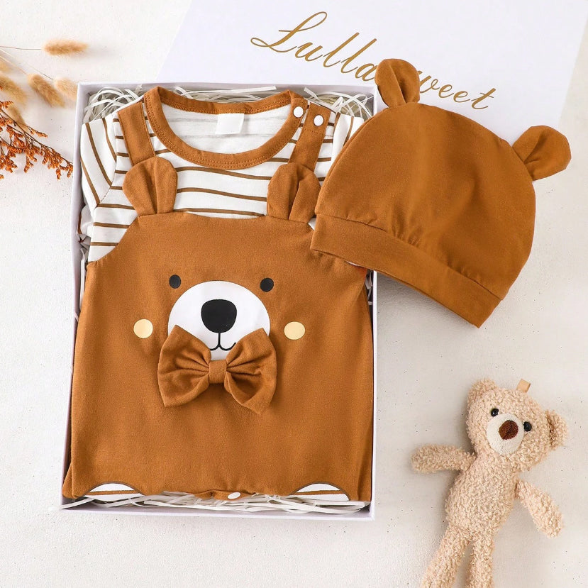 2PCS Cute Bear Stripe Printed Long Sleeve Baby Jumpsuit